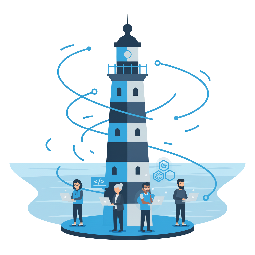 Faro tecnológico con personas y conexiones representando la comunidad tech de A Coruña